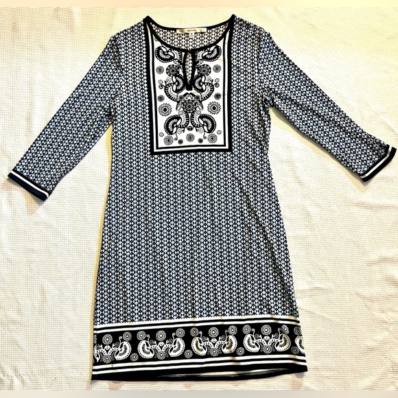 Studio M Black Blue and White Patterned Dress Women’s Size Medium - Picture 1 of 15